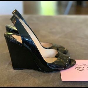 Black patent peep toe sling wedge